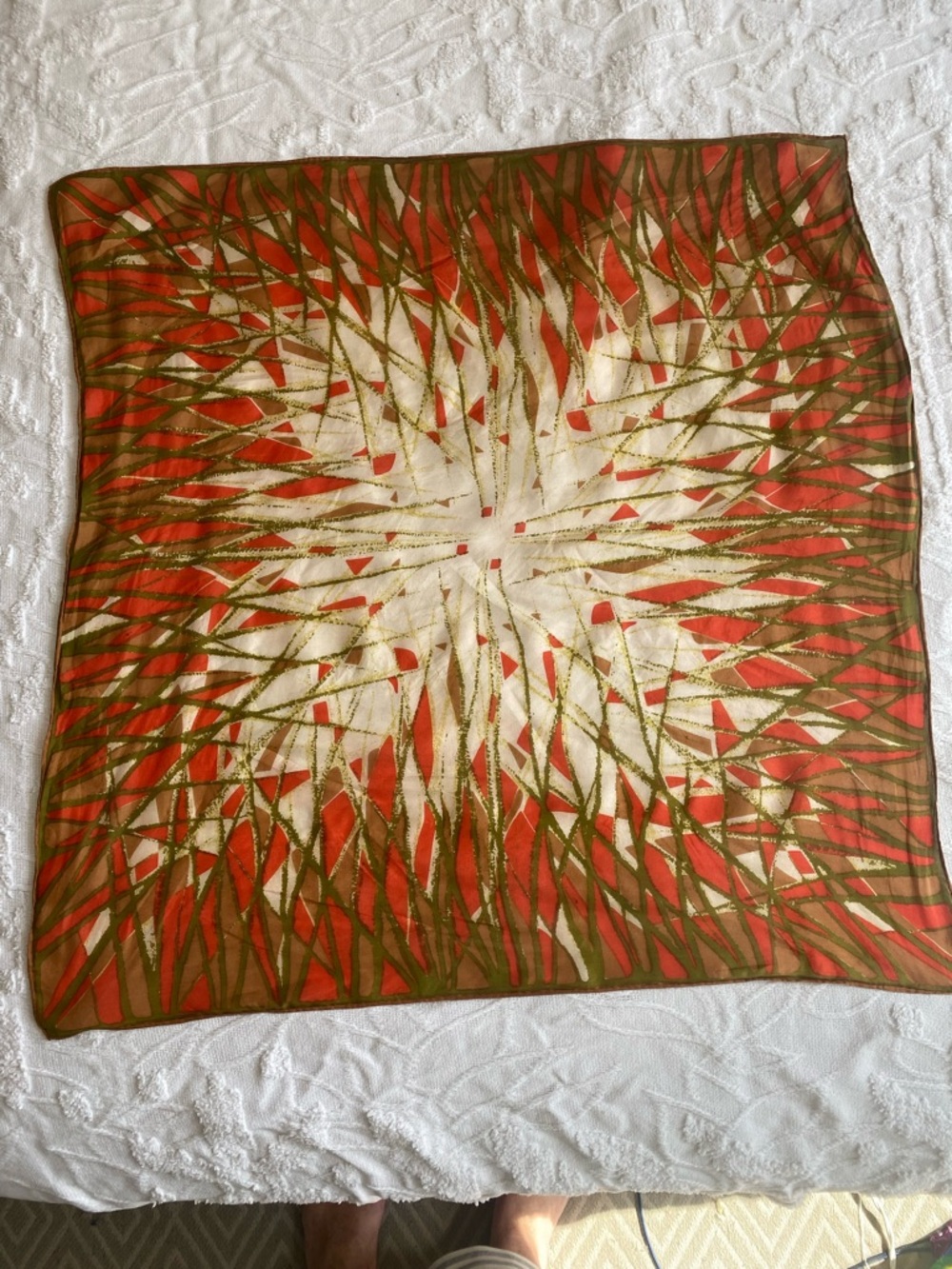 Vintage silk scarf, abstract print, orange, cream and green - Picture 3 of 8